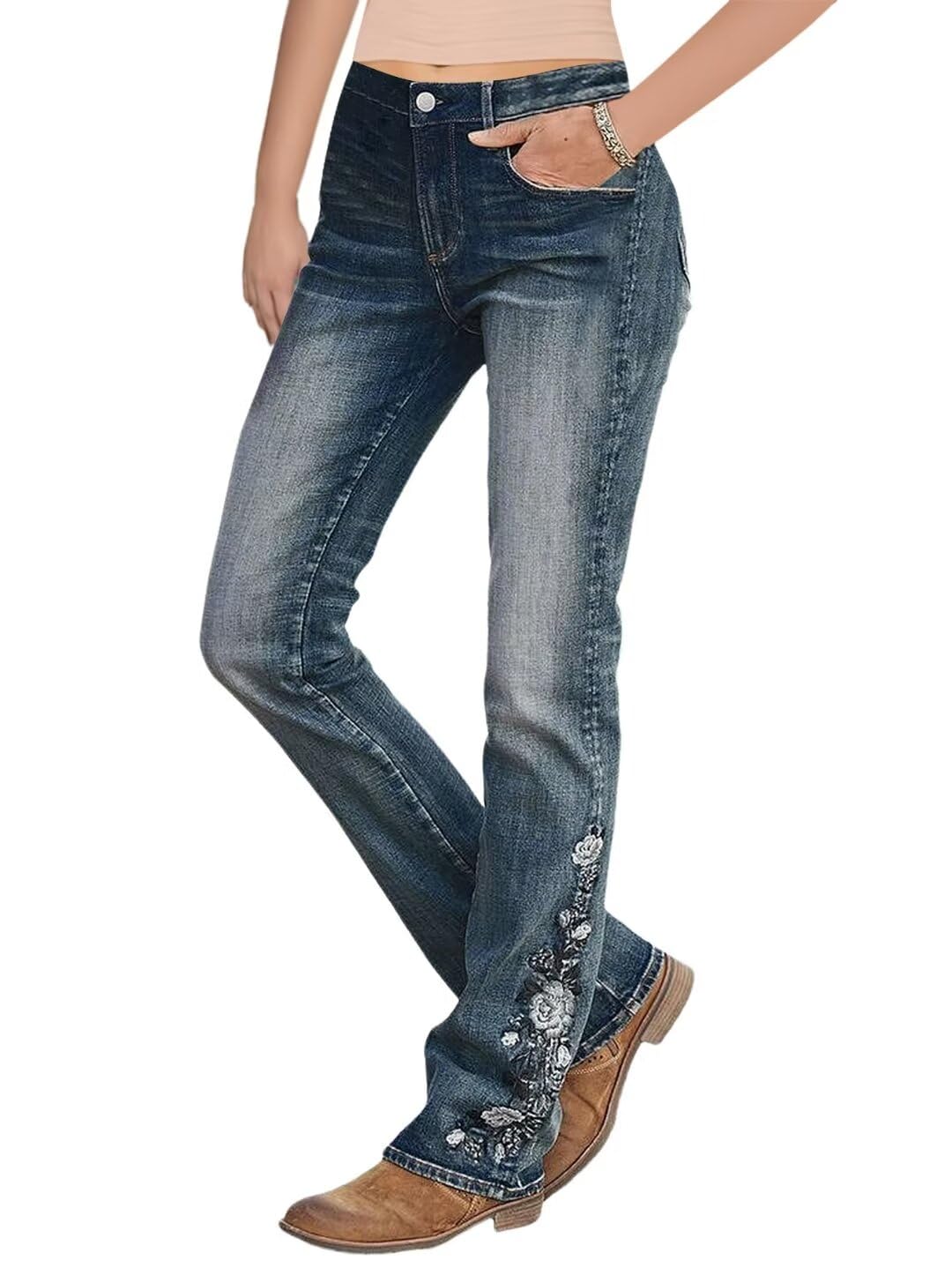 Flamingals Women's Mid Waist High Stretch Bootcut Jeans with Pockets Floral Embroidery