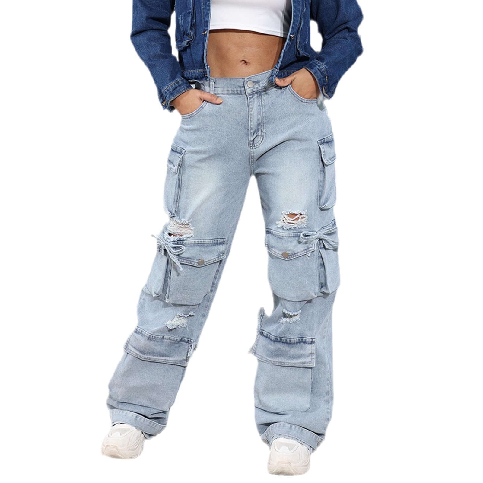 ThusFar Women's High Waist Baggy Jeans Flap Pocket Cargo Pants Loose Denim Pants for Fashionable Streetwear Enthusiasts