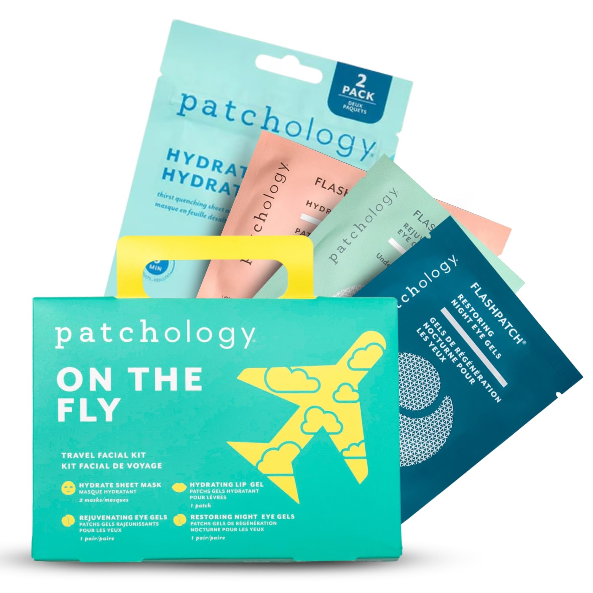 Patchology On The Fly Travel Facial Kit - Travel-Friendly Hydrating Skincare Essentials for Face, Eyes and Lips - Includ