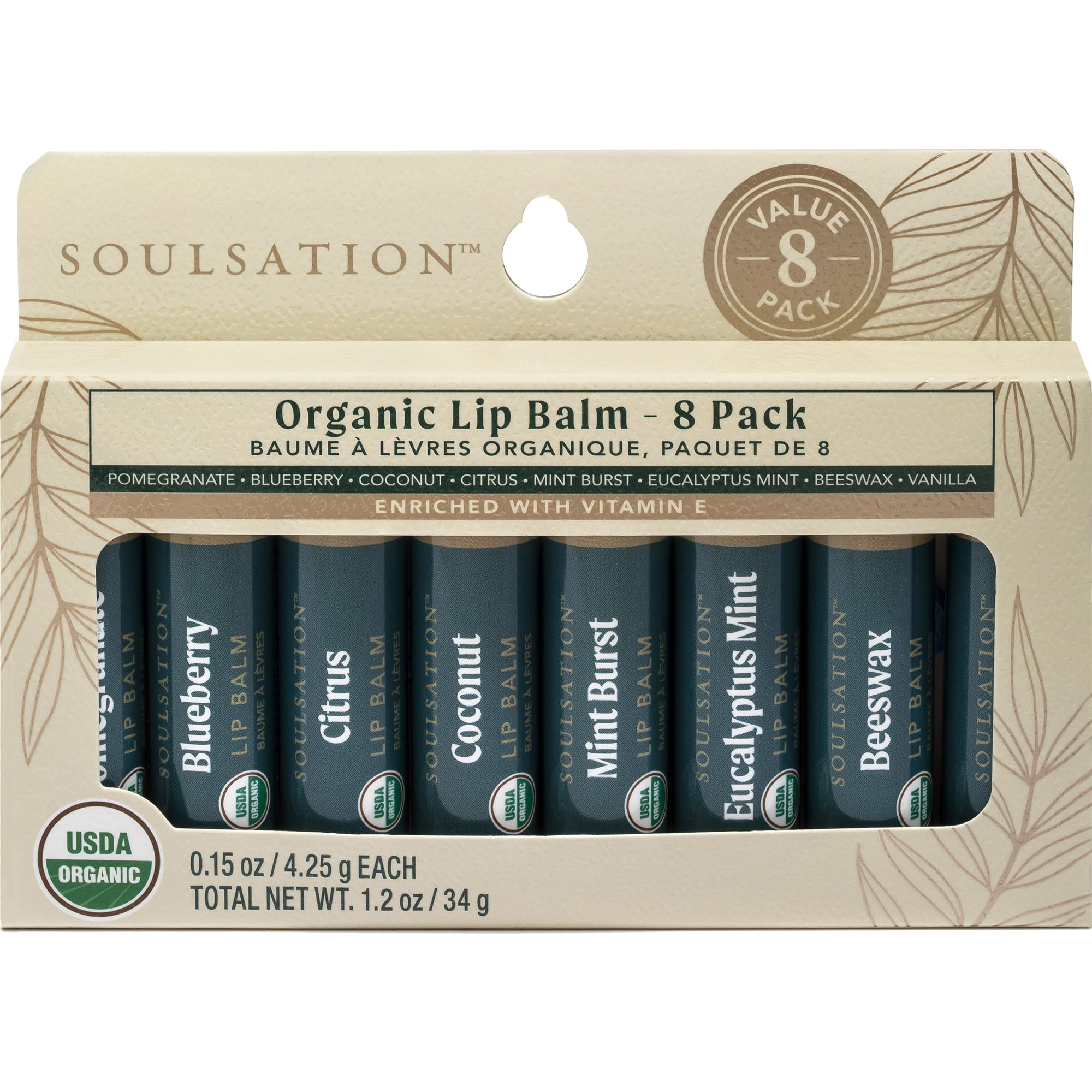 USDA Organic Moisturizing Lip Balm Set for Men & Women - 8 Flavors, Cracked & Dry Lips Care